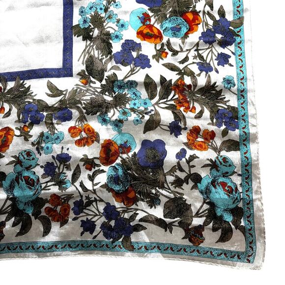 Vera silk scarf multicolor square retro cream & floral border blue green & gold - Picture 3 of 7
